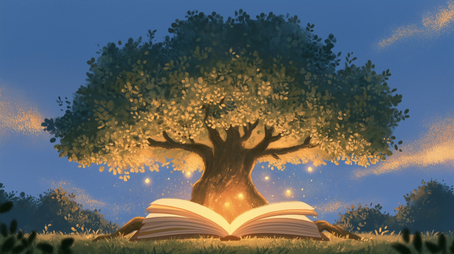 Der Alte Baum in der Abenddämmerung, davor ein aufgeschlagenes Buch, aus dem goldenes Licht und kleine Funken aufsteigen.