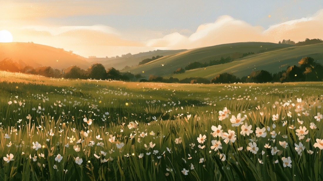Weite Blumenwiese mit sanften Hügeln im warmen Nachmittagslicht.