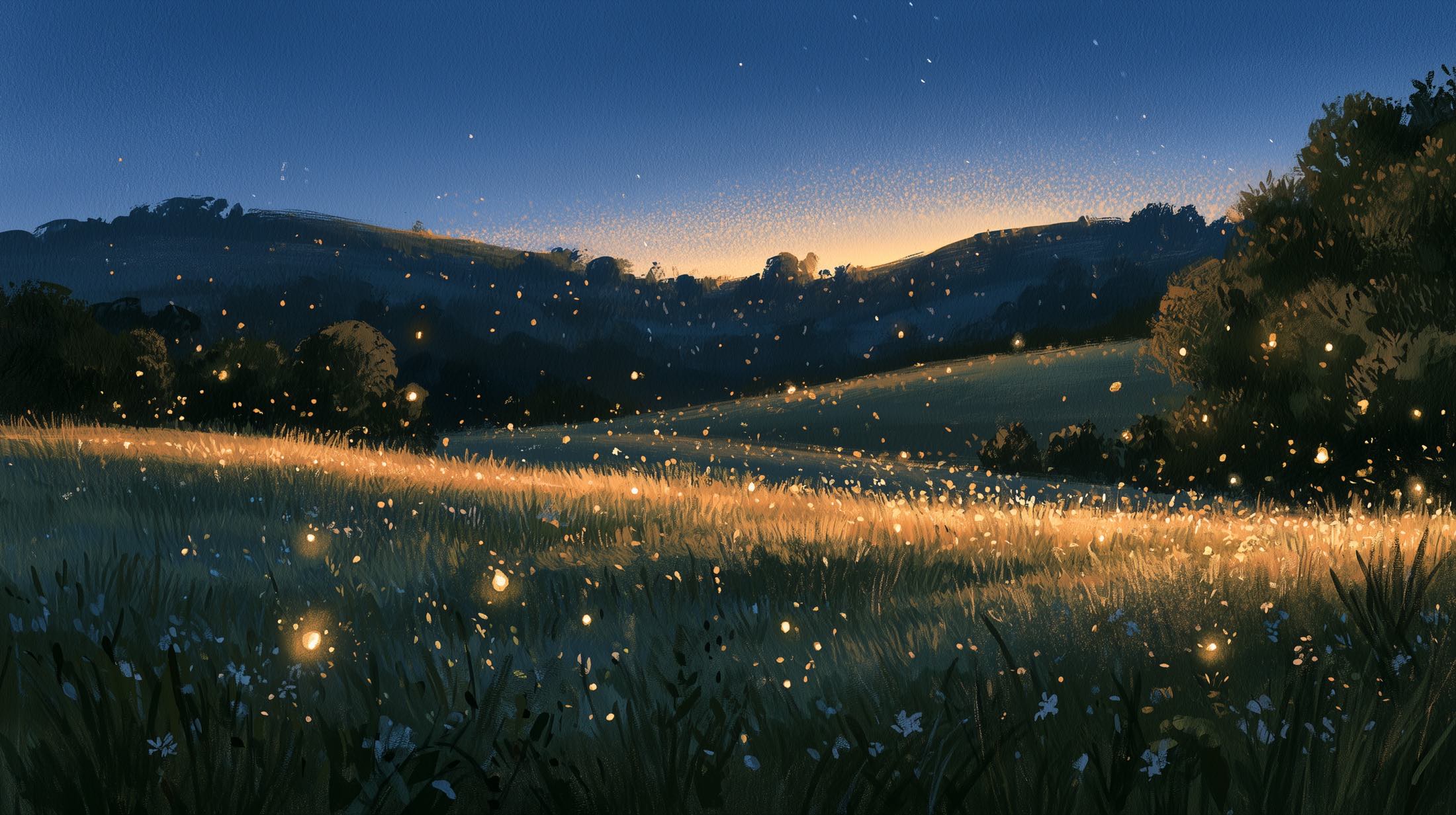 Blumenwiese in der Abenddämmerung, über dem Gras schweben hunderte kleine goldene Glühpunkte.
