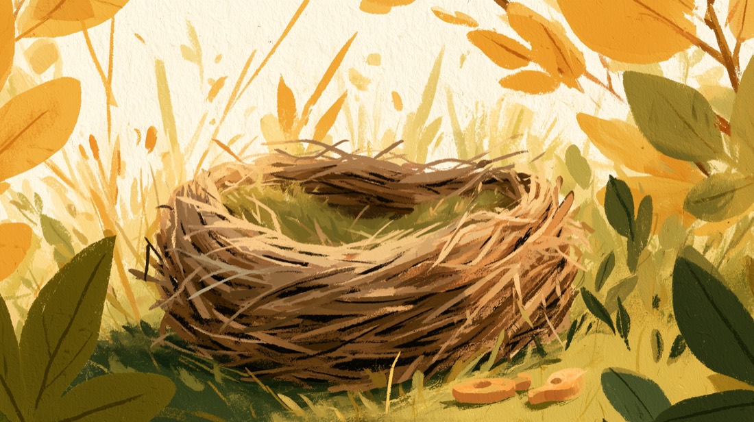 Ein geflochtenes Vogelnest im Gras, umgeben von großen gelbgrünen Blättern.